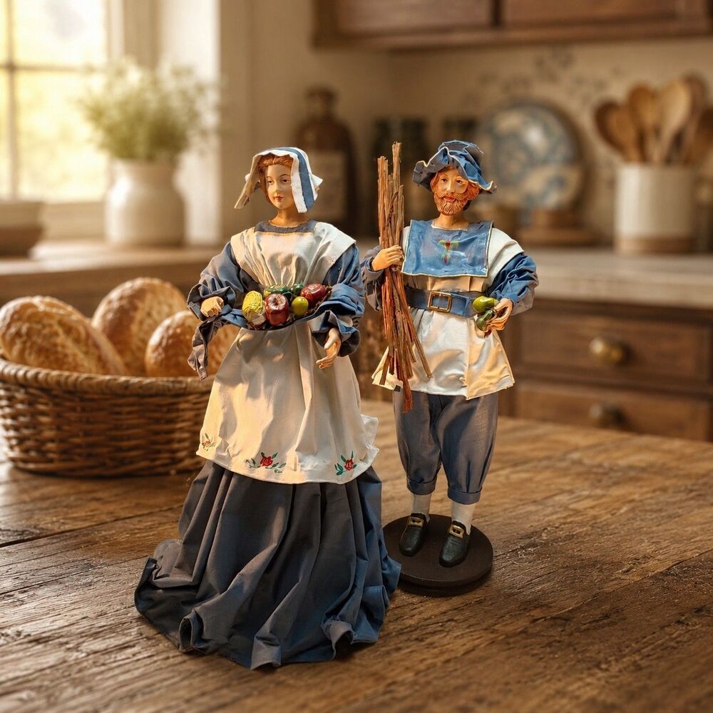 2 Vintage Pilgrim Paper Mache 15" Figurines, Traditional Thanksgiving Table Deco
